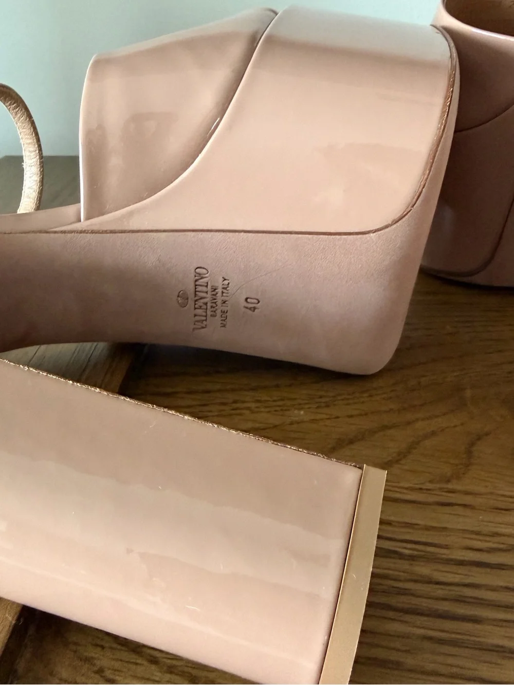 Valentino Blush Patent Leather Platform Heels with Gold Logo Buckle